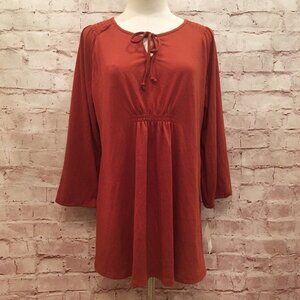 A GLOW  Maternity Brick Red Smocked Peasant Top Shirt Tie Neck 3/4 Sleeve Size M
